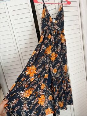 Francesca's Collections Navy Maxi Dress with Orange Floral Print